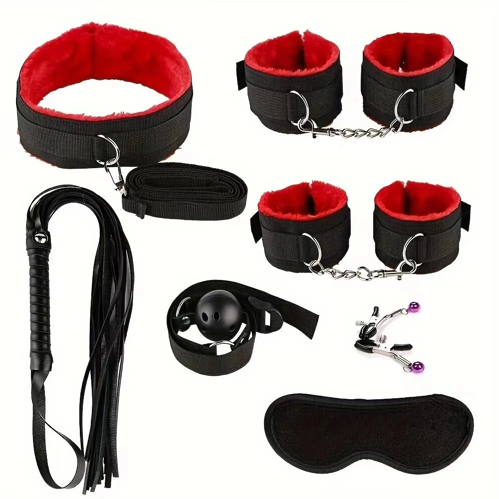 Kit BDSM de Felpa para Parejas — Esposas, Fusta, Mordaza y Pinzas