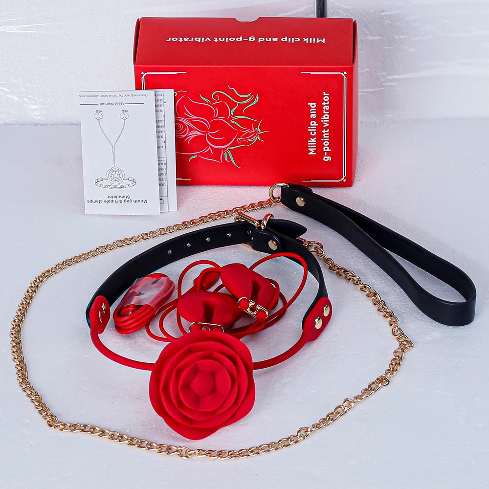 Kit BDSM Completo — Vibrador Rosa, Mordaza, Collar y Pinzas