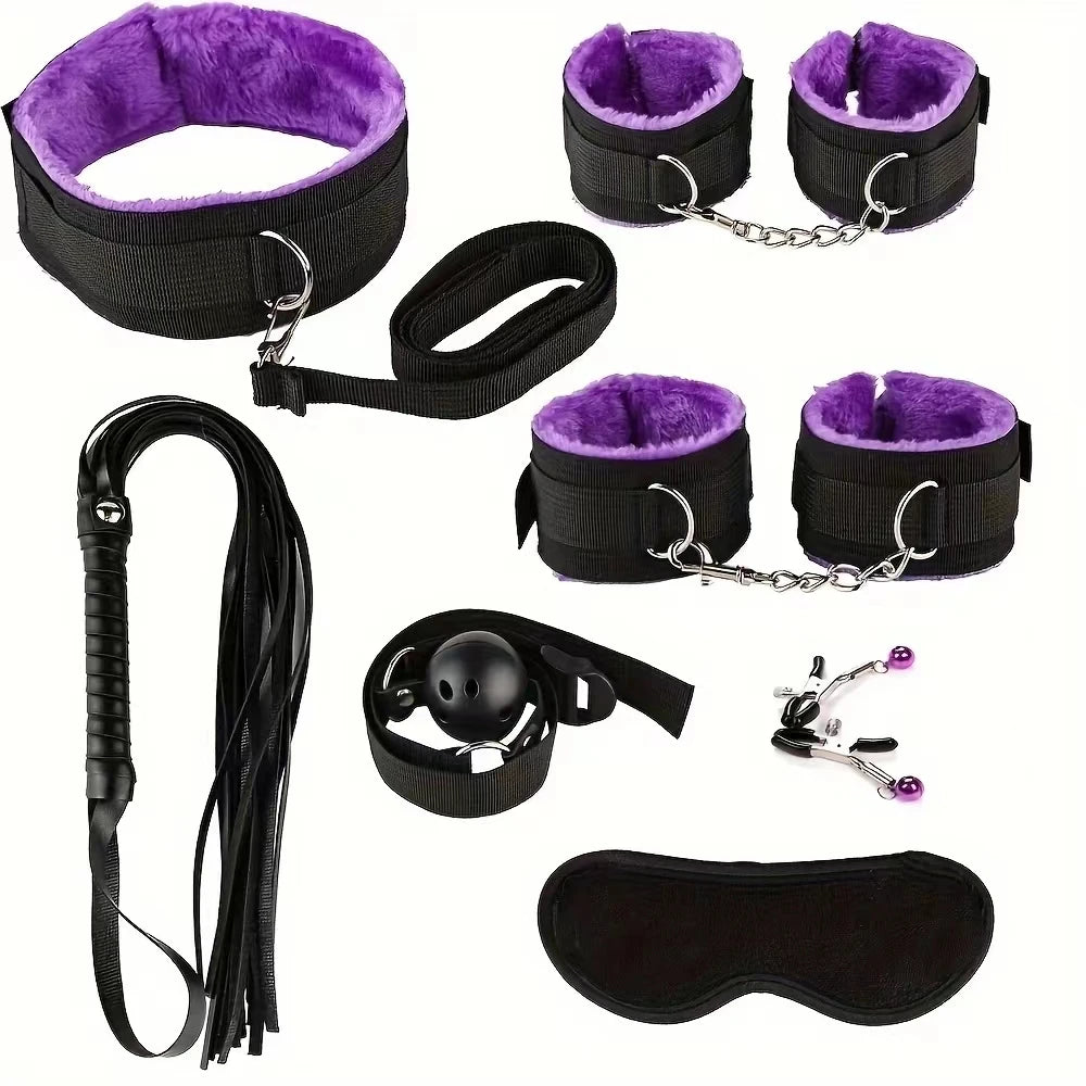 Kit BDSM de Felpa para Parejas — Esposas, Fusta, Mordaza y Pinzas
