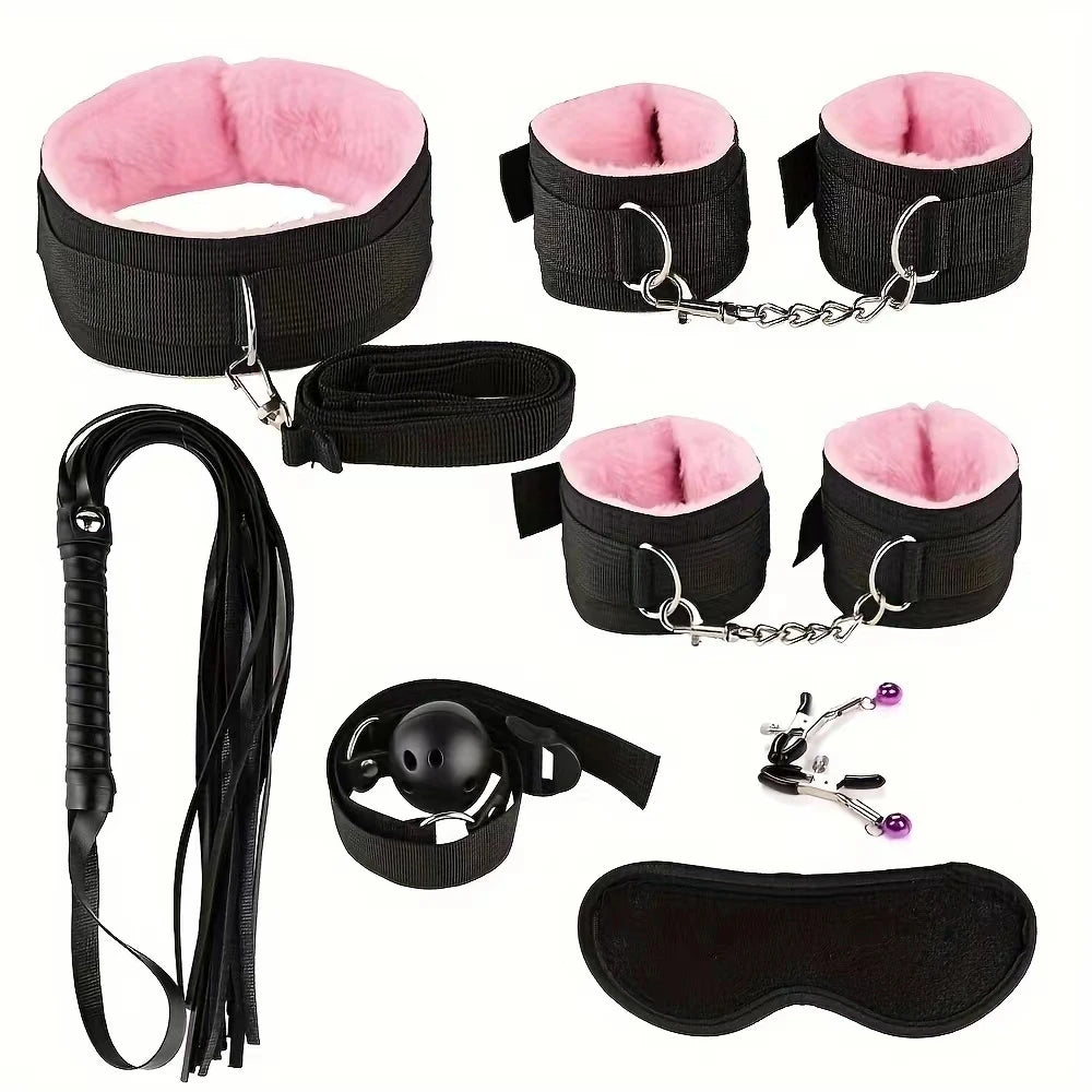 Kit BDSM de Felpa para Parejas — Esposas, Fusta, Mordaza y Pinzas