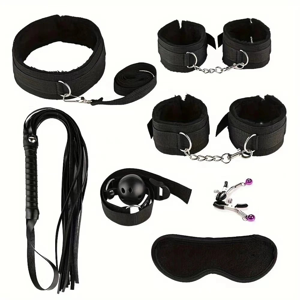 Kit BDSM de Felpa para Parejas — Esposas, Fusta, Mordaza y Pinzas